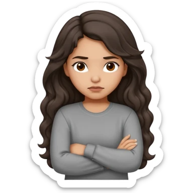 Hispanic girl with long dark brown wavy hair arms folded and  pouting. Gray long sleeve sticker