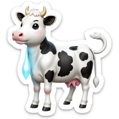 cinematic-[cow]-realistic-full-body-standing-emoji,-tail-flicking-lazily,-head-tilted-dramatically,-sleek-[black and white]-fur,-simplified-yet-realistic-focused-features,-highly-detailed,-glowing-with-an-almost-sarcastic-glow sticker