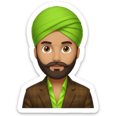 a pretty bratz emoji that looks like a bearded Akshay kumar wearing a neon green turban. Wearing a dark brown flannel blazer sticker