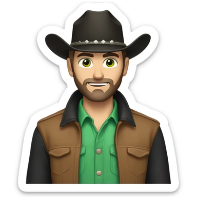 Caucasian male with green eyes, a dark beard dressed as a cowboy with short hair, western hat black sticker