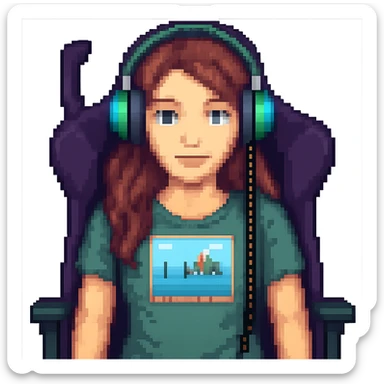 Make the streamer a female with headphones and a gaming chair in pixel art style. Remove the background. sticker