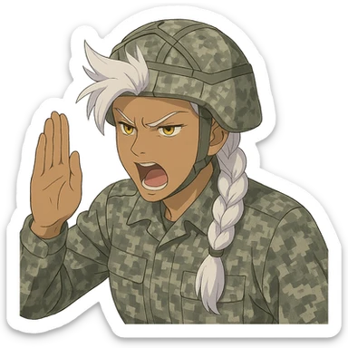 Style of Anime, 1 female, gold yellow eyes, white hair lavender tips, locks in front, mohawk, long white braid, she is a drill sergeant at work, focused facial expression, shouting command, eyes looking down in front of her, a blade hand  vertical palm gesture "to the forward" direction, uniform of gray large scale digital camo. her head is covered with a PAGS style wrapped ballistic helmet sticker