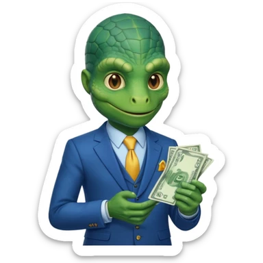 reptilian in a blue suit holding cash sticker