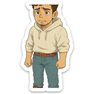 1 male, mid fade haircut dark chestnut brown curly hair, toasted lightskin, white hoodie sleeves up, fashion jeans, red fashion-sneakers shoes, red belt, short trimmed beard and goatee,  style of deku from "my hero academia", FACIAL EXPRESSION IS VERY SAD, TEARS WELLING UP sticker