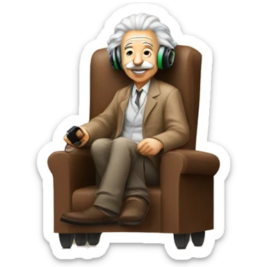 albert einstein happy listening music with just wireless headphones while sitting on the brown chair sticker