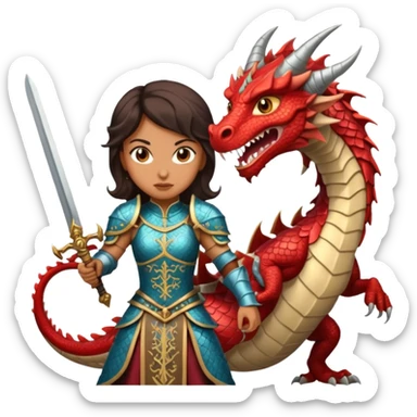a fierce Latina in armor sword fighting a dragon sticker