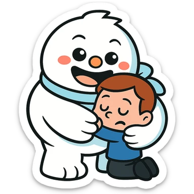Make the hug even tighter, with the Abominable Snowman squeezing the much smaller kid, keep the background transparent. The style should resemble the original image's look and feel. sticker