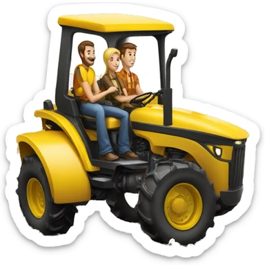 group of 3 people driving giant tractor yellow sticker