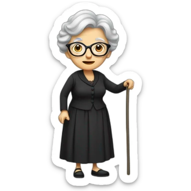 Old lady with rounded clear glasses all dressed in black dress Walking hunched with a cane and a and a handkerchief tied over her gray-haired hair sticker