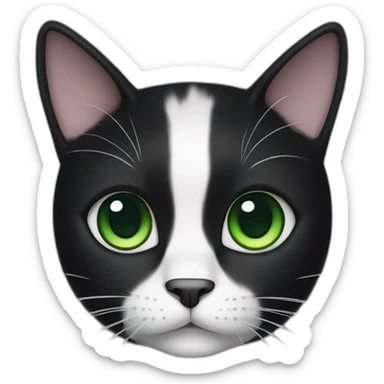 A black cat with green eyes with a white mustache, a white stripe on its nose, a full-length white breast and white paws sticker