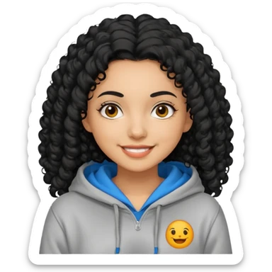 A women with a black curly hair who wear a hoodie and that hoodie have a some smorf sticker