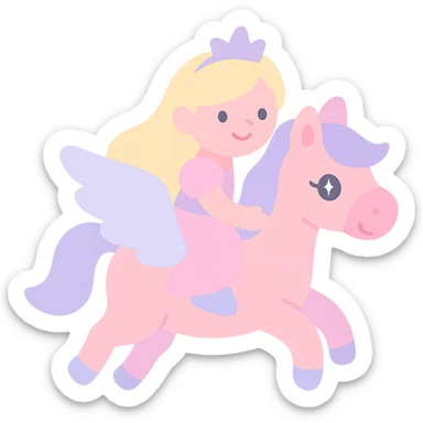 Barbie flying horse princess, fairy tale style, princess riding on flying horse, pink and purple colors, dreamy atmosphere, suitable for children, delicate and cute sticker