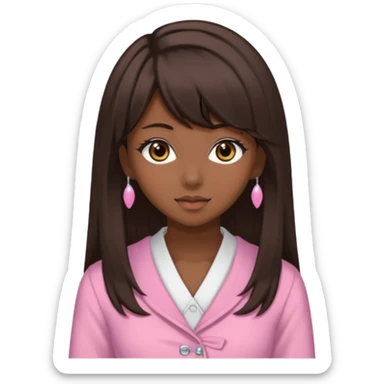 Dark skin, light skin, brown eyes, medium dark brown hair, side bangs, and wears a gyaru outfit  sticker