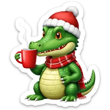 Fun crocodile wearing a winter hat and scarf, holding a warm mug of Bombardino drink sticker