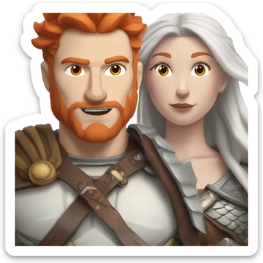  White Viking red head pale skin beautiful dragon  queen with a Viking solder with a gray man bun built white solder on a dragon  sticker