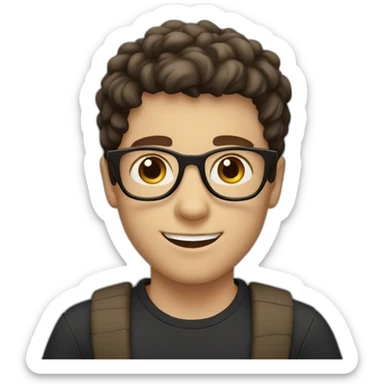 white boy with dark brown hair with circle brown glasses and a smile sticker