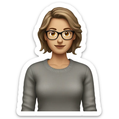 White woman, brown hair, gray sweater, glasses sticker
