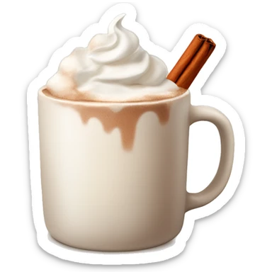 beige mug of hot chocolate with whipped cream and cinnamon sticker