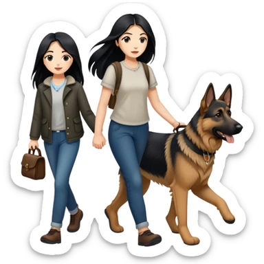 A girl with long black hair walking a German Shepherd sticker
