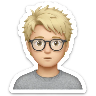 Twink with blonde messy hair and glasses, white skin and a grey sweater sticker