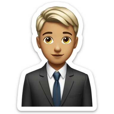 a 12 year old with a few freckles and a low taper fringe haircut and is white but 20% tanned and wearing a suit  sticker