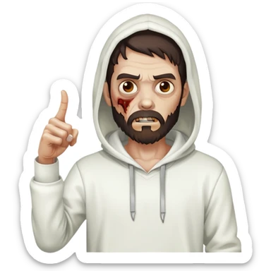 zombie pointing finger wearing plain white hoodie with no designs, dark brown hair and short full beard sticker