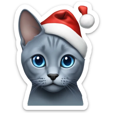 Russian blue cat with blue eyes wearing a Santa hat sticker
