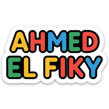 the name 'Ahmed El Fiky' in colorful outlined comic style, Slack emoji style, transparent background sticker