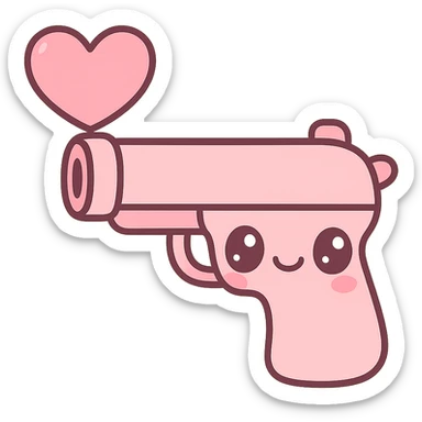 pink heart pistol, kawaii style, cute face on the handle, big eyes sticker