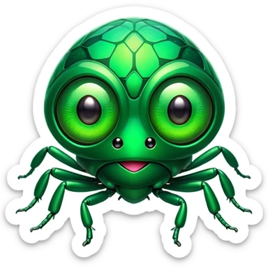 Cinematic Cute Green Bugdie Portrait Emoji, Head tilted playfully and inquisitively, featuring a glossy, vibrant emerald exoskeleton with intricate patterns, round, sparkling multifaceted eyes filled with curiosity, Simplified yet irresistibly adorable features, highly detailed, glowing with a warm, friendly glow, high shine, affectionate and lively, stylized with a touch of whimsy, bright and endearing, soft glowing outline, capturing the essence of a mischievous yet charming bug, so playful it feels like it could buzz out of the screen and into your arms! sticker