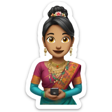 beautiful girl with iphone mobile in hand wearing nepali cultural dress sticker
