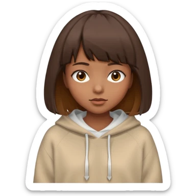 A girl with a brown bob and wispy bangs almond eyes with hooded eyelids a oversized sweater sticker