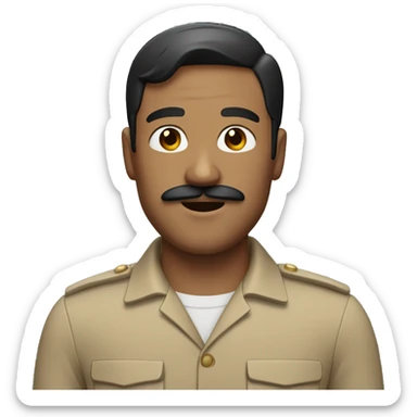 man with a toothbrush mustache wearing tan uniform and short black hair with side part sticker