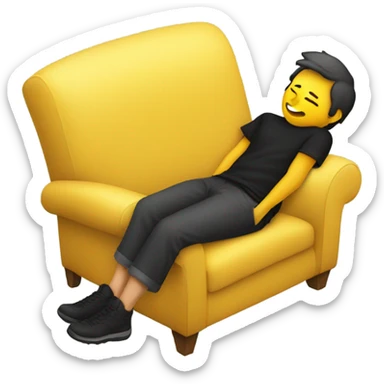 A person lying on a sofa, one leg crossed over the other, with hands behind the head, relaxing in a cozy setting, yellow emoji color skin, black t-shirt sticker
