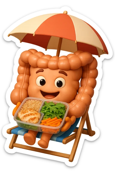 EMOJI STILE IPHONE DI INTESTINO IN SPIAGGIA SU UNA SPIAGGINA SOTTO L'OMBRELLONE CON IN MANO UNA SCHISCETTA DI Insalata di quinoa e pollo con rucola e carote, iperrealistica 4k sticker
