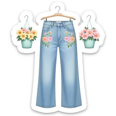 light wash denim wide leg jeans with pastel flowers painted on them on hanger sticker