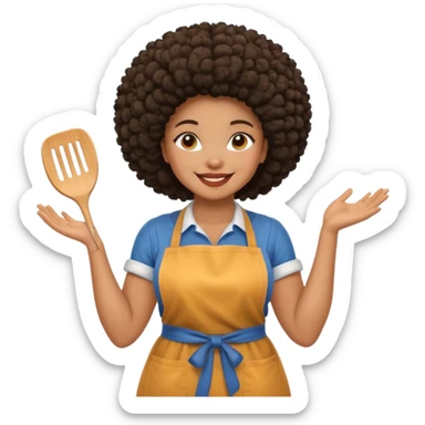 Mujer curvy afro, con vestimenta cómoda y delantal, con sonrisa contagiosa y dando la bienvenida  sticker
