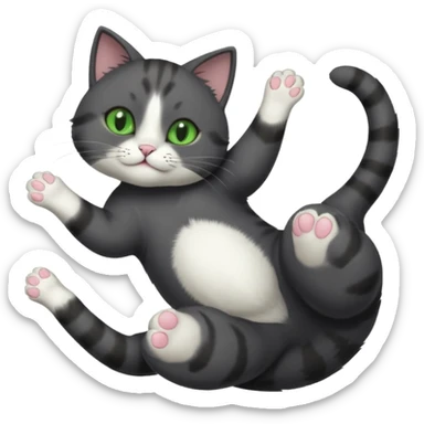 solid dark grey cat with green eyes, white toes/paws and white patch on her chest playfully rolling upside down sticker