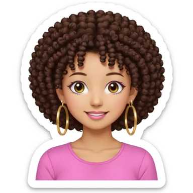 Naturally tan skin girl short darkBrown curly afropink shirt very long lashes hoop gold earrings Brown eyes gyaru smiling closed mouth cute sticker