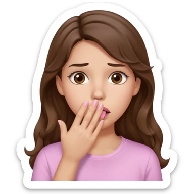 girl with wavy long brown hair, brown eyes, light to medium complexion, long lashes, light pink lipstick, wearing light pink shirt, shocked, hand covering mouth sticker