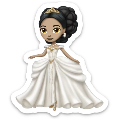 Tall realistic face teen Morticia Addams in as Princess Leia in ruffled pearl-white and blue ballet ball gown with gold accents and accessories  sticker