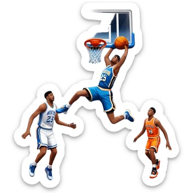 An icon showing a basketball court with players in action, inspired by NBA 2K25. A player jumps for a dunk, the ball mid-air, with the court’s floor and surrounding basketball arena visible. Bright lights highlight the excitement of the game. Transparent background. sticker