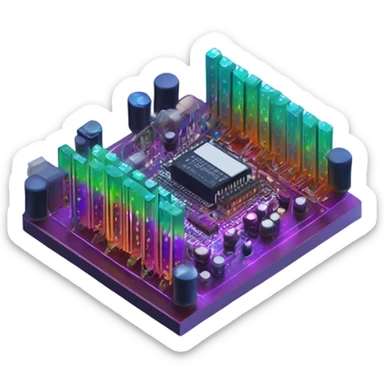 circuit board with rainbow LEDs, simple, isometric, masterpiece, cell shaded sticker