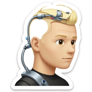 Male, no glasses, blonde hair, right side of hair shaved with a machine. sticker