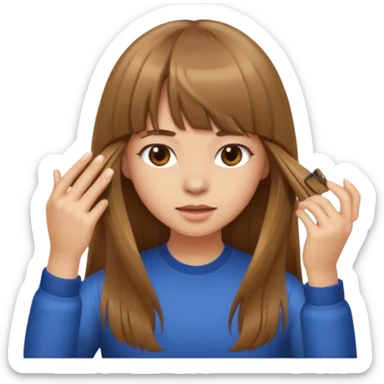 a girl with light skin and brown long hair with bangs who is doing her hair sticker
