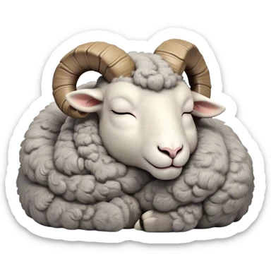 Meme-Worthy Cute Sleeping Ram Portrait Emoji, Head resting peacefully with a contented smile, showcasing a robust build and a luxuriously soft woolly grey fur with gently curled horns, eyes shut in a serene, restful nap, Simplified yet hilariously adorable features, highly detailed, glowing with a soft, drowsy light, high shine, relaxed and utterly lovable, stylized with an air of playful laziness, bright and heartwarming, soft glowing outline, capturing the essence of a comically sleepy ram, so meme-worthy it feels like it could instantly become the next viral sensation of adorable slumber! sticker