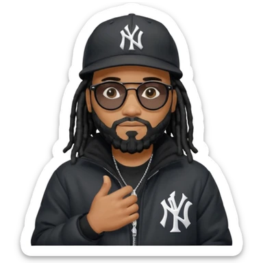 African American man with shoulder length black dreadlocks with black beard wearing black sunglasses wearing a black New York Yankees logo baseball cap wearing a black bubble winter coat with hands together sticker