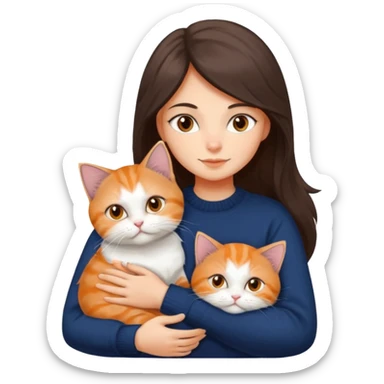 a girl with long dark brown hair, in a navy sweater, hugs a persian peaknose grey cat and persian peaknose orange and white kitten and a persion peaknose brown tabby and white cat sticker
