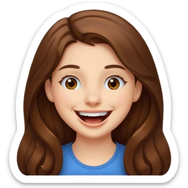 girl with white skin, long brown hair, brown eyes, laughing sticker