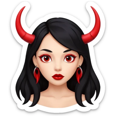 A girl's face with cheekbones, skin red, long black hair, small red horns, big lips sticker